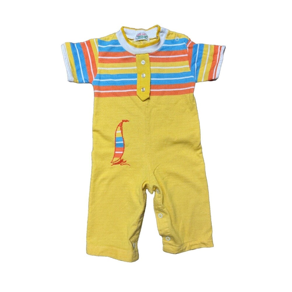 Health Tex Vintage USA Beachy Romper Yellow Stripe Sailboat 12 Month Nautical
